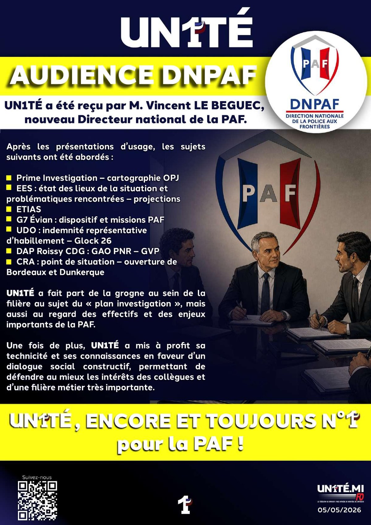 AUDIENCE DNPAF - UN1TÉ a été reçu par M. Vincent LE BEGUEC, nouveau Directeur national de la PAF.