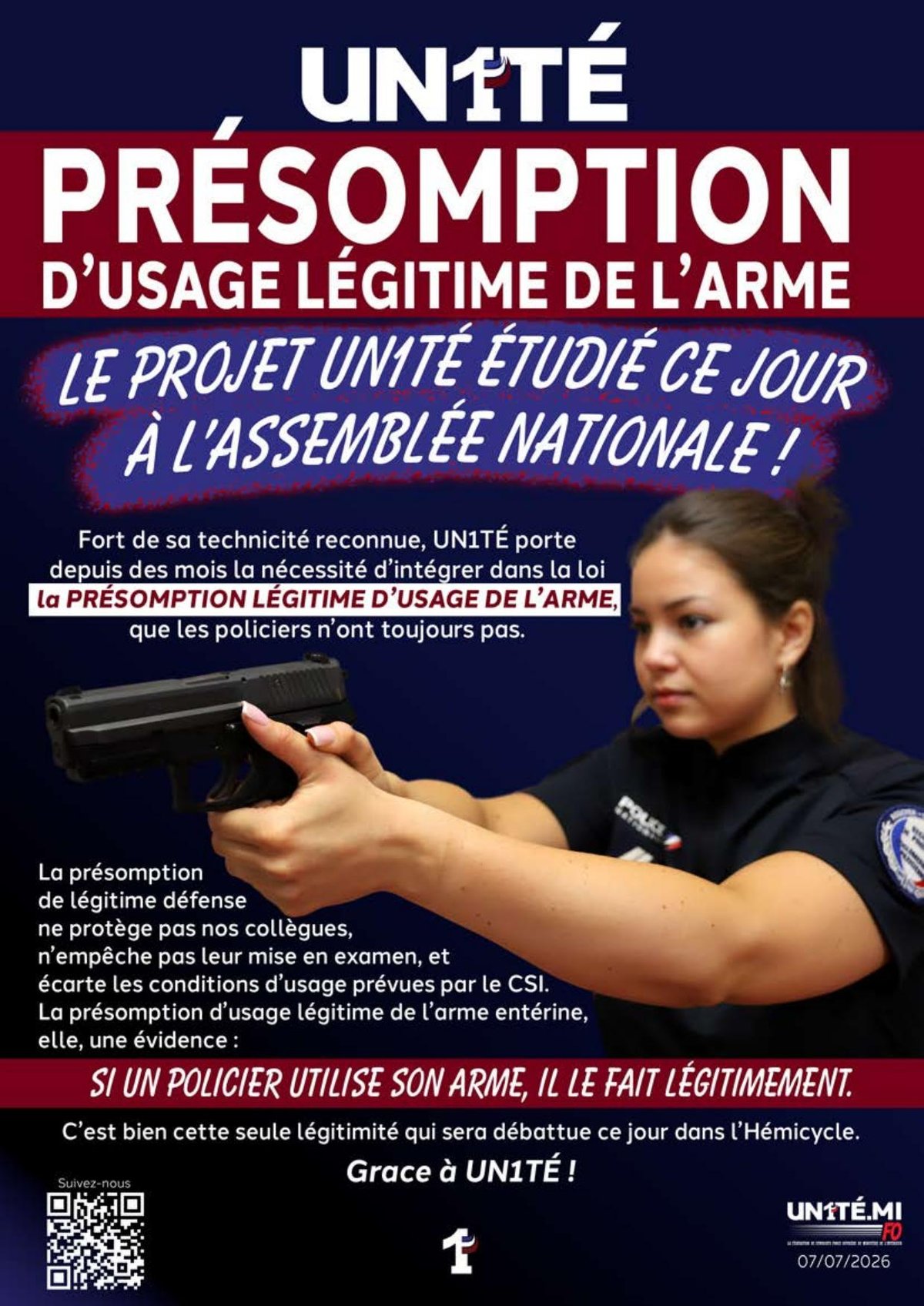 Présomption d’usage légitime de l’arme - Le projet UN1TÉ étudié ce jour à l’Assemblée Nationale !