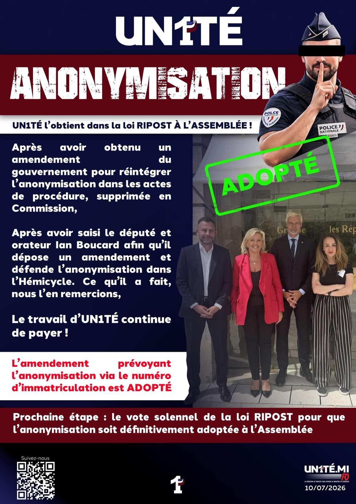 ANONYMISATION - UN1TÉ l’obtient dans la loi RIPOST À L’ASSEMBLÉE !