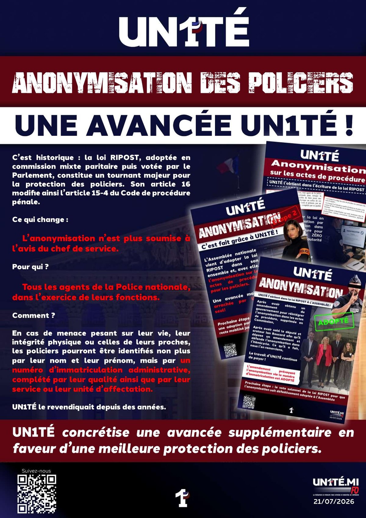 Anonymisation des policiers : une avancée UN1TÉ