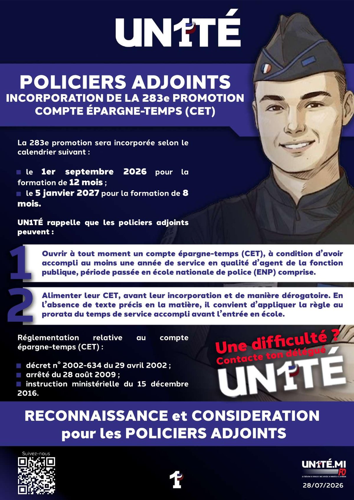 Policiers adjoints - Incorporation de la 283e promotion - Compte épargne-temps (CET)