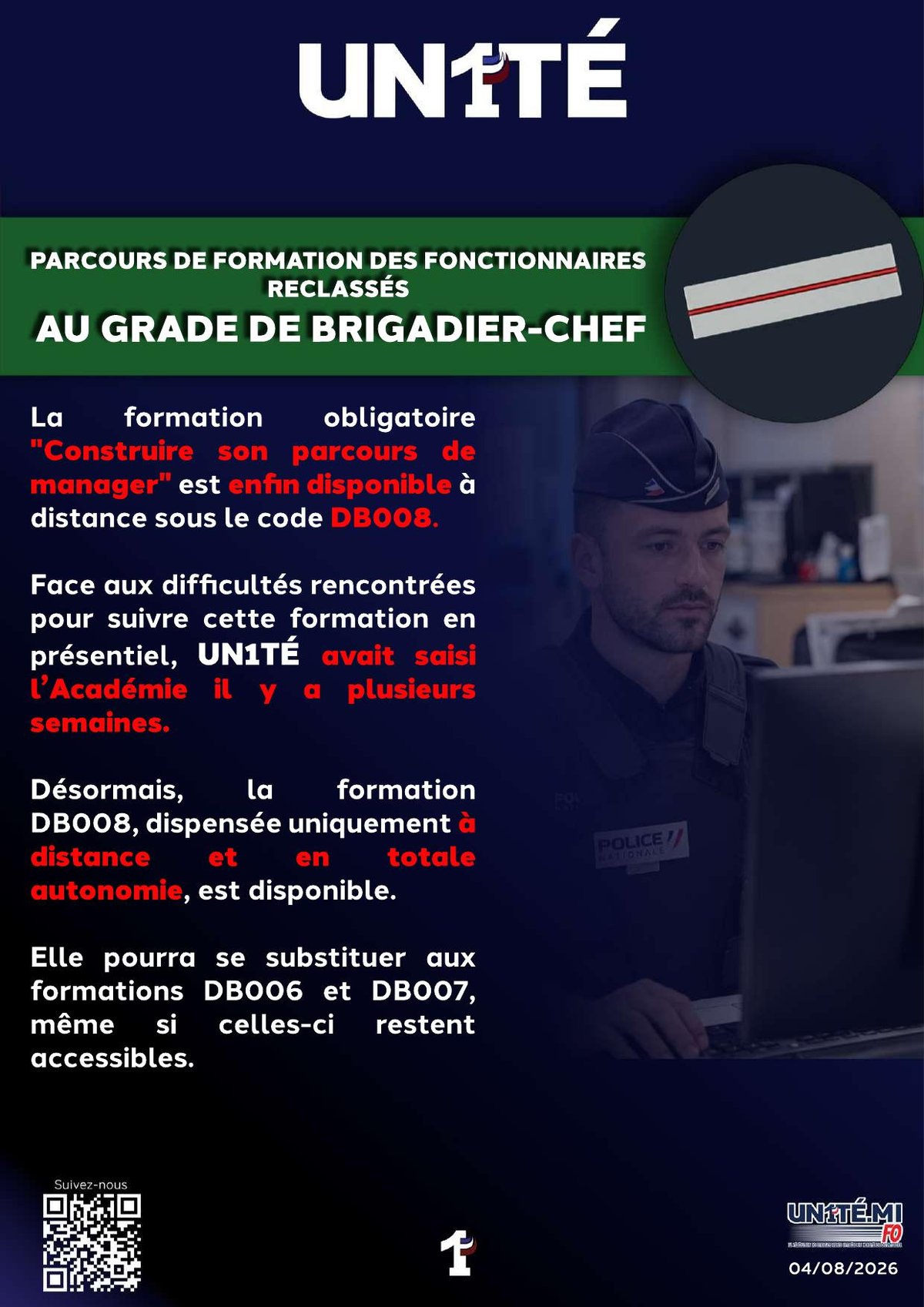 Parcours de formation des fonctionnaires reclassés au grande de brigadier-chef