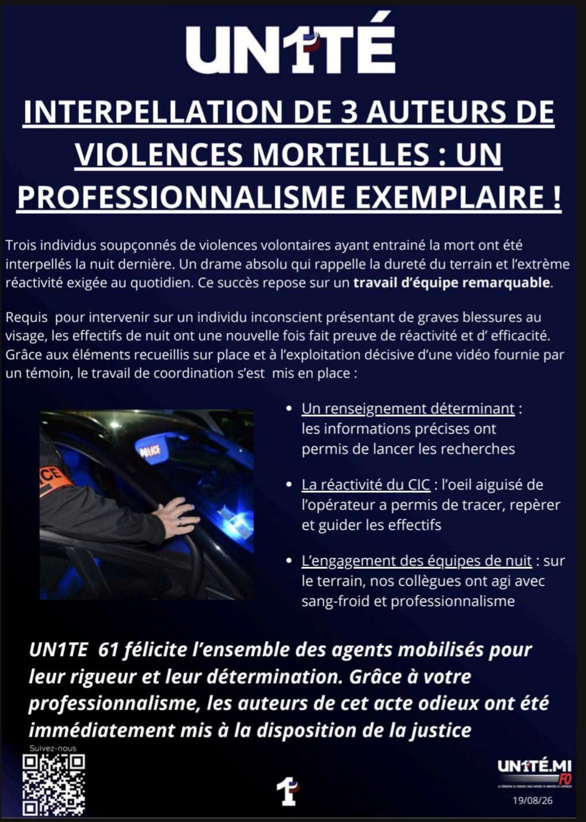 Interpellation de 3 auteurs de violences mortelles : un professionnalisme exemplaire !