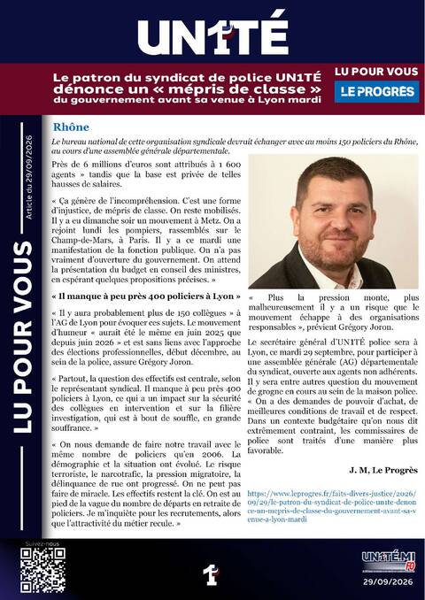 Aperçu — Lu pour vous: Le patron du syndicat de police UN1TÉ dénonce un « mépris de classe »